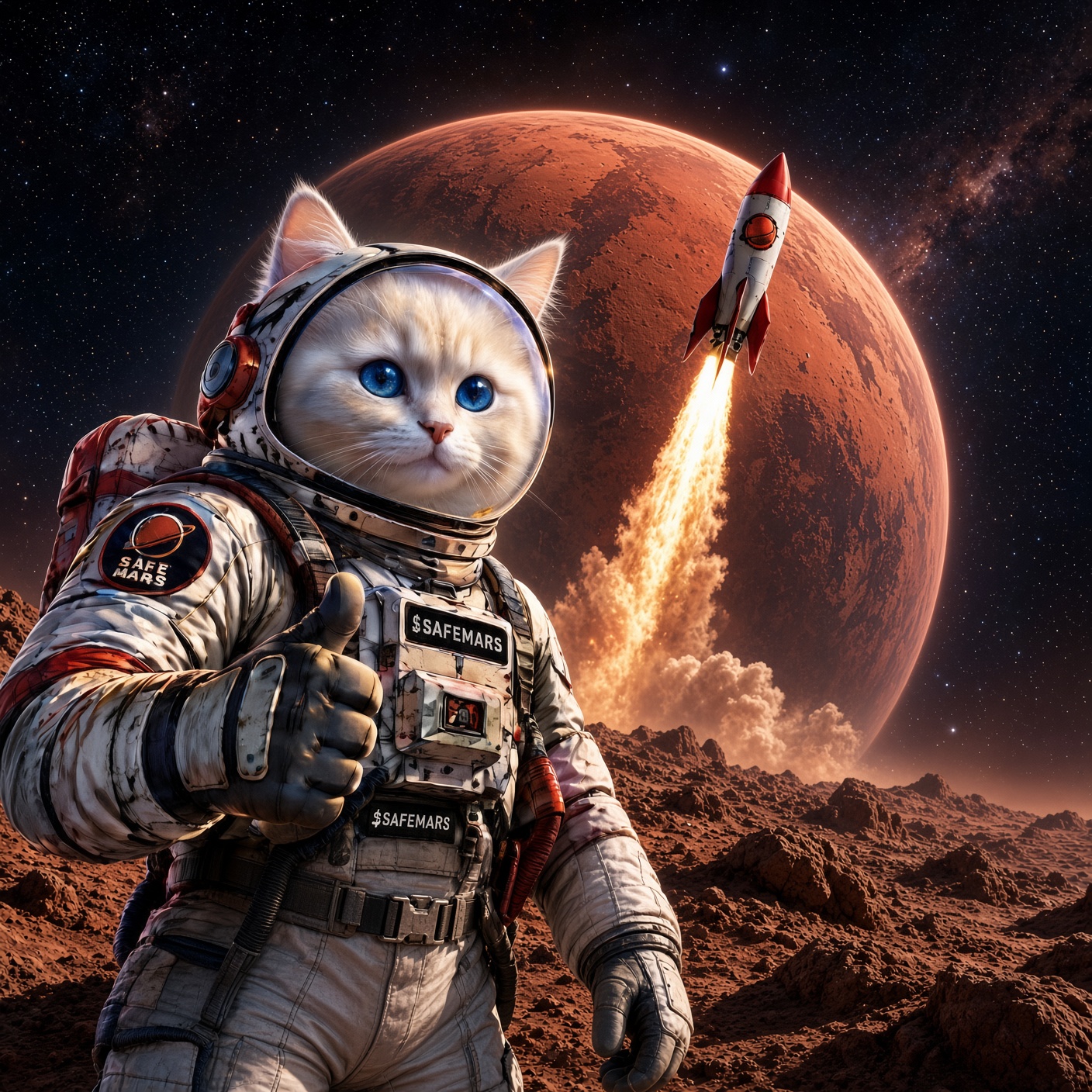 SafeMars astronaut cat giving a thumbs up on Mars